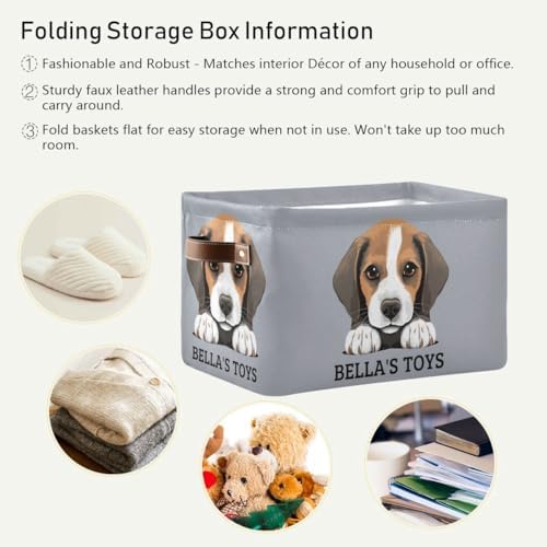 Customized Pet's Name Storage Basket Dog Storage Box with Leather Handles for Home Bedroom, Beagle Puppy Foldable Decorative Organizers Box, 2PCs