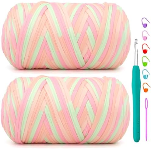 2 Pack Tshirt Yarn for Crochet,Rainbow T Shirt Soft Elastic Fabric Chunky Thick T-Shirt Crochet Yarn for Crocheting Knitting Beginner Hand Knitting Bag/DIY Craft/Home Decor 2 * 400G-Pink Green