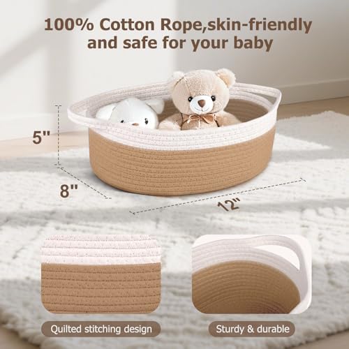 Small Woven Basket, 12" x 8" x 5" Gift Basket Empty with Ribbon and Gift Bag, Rope Basket for Baby Shower, Holiday Presents,Storage Basket with Handle for Nursery,Pet Toy Basket (White-Kaki)