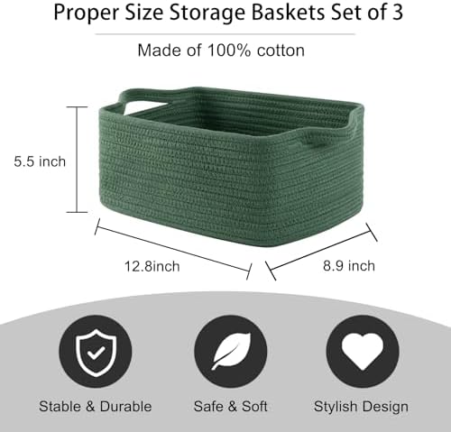 OIAHOMY 3 Pack Storage Baskets for Shelves Cotton Rope Storage Bins Green | Woven Baskets for Storage Nursery Storage Basket with Handles Baskets for Organizing Small Baskets Gift Baskets Empty