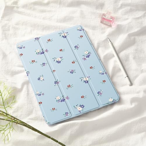 Cute Purple Floral Case for 13" iPad Pro(2024), Clear TPU Smart Stand Back Cover with Pencil Holder, Auto Wake/Sleep Foldable Shockproof Protective Case