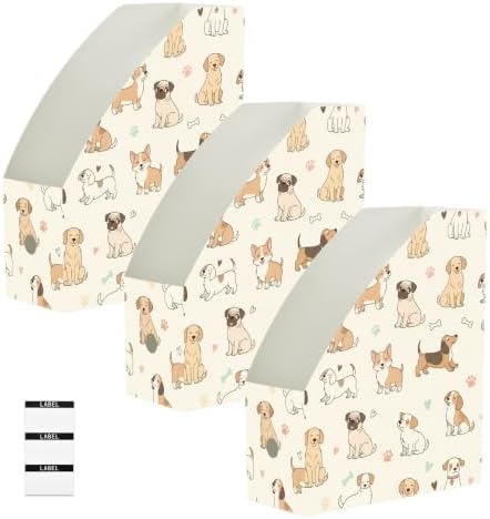 SPRIPORT Cartoon Pets Dogs Paw Pattern Water Resistant PP Magazine File Holder Organizer for Desk, Foldable Storage Rack for Library School Office Document Sorter with Labels 23x30x10cm (3 Pack)