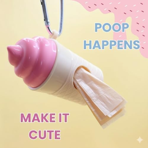Ice Cream Dog Bag Dispenser | One Clip Doggie Poop Bag Holder | Bags Waste Container for Leash for Small Medium Large All Size Dogs | Cute and Fun Design | 15 Bags Included | Pink Color