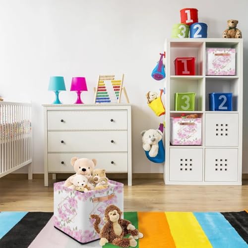 Personalized Storage Baskets for Organizing, Foldable Storage Bins with Handles Custom Cute Basket for Boys, Girls, Pet, Clothes, Blanket, Bedroom Nursery Toy Storage Gift,13 x13 x13 Inch, Flower Pink