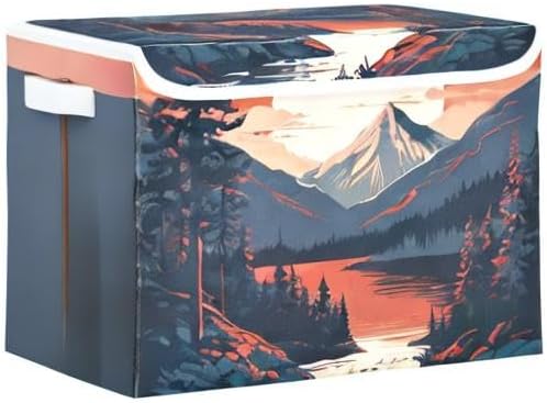 Mountains Trees Storage Bins with Lids and Carrying Handle,Foldable Storage Boxes Organizer Containers Baskets Cube with Cover for Home Bedroom Closet Office