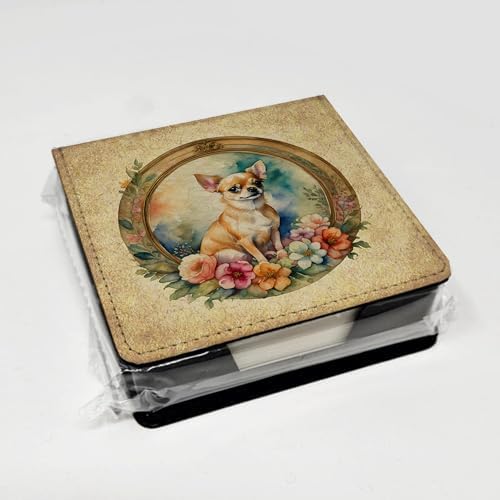 Caroline's Treasures Chihuahua and Flowers PU Leather Note Paper Holder with Artist-Designed Cover, Desk Accessory, Office Gift