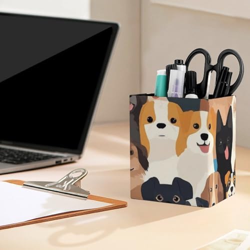 Modern Leather Desk Organizer Pen Cup Pencil Holder Cute Puppy Dog Makeup Brush Storage