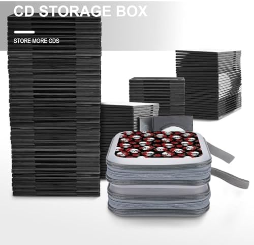 Hard Plastic CD/DVD Organizer Dark Black Red Rose Skull, 40-Disc Storage Binder with Zipper, Portable Protective Case for Car Office