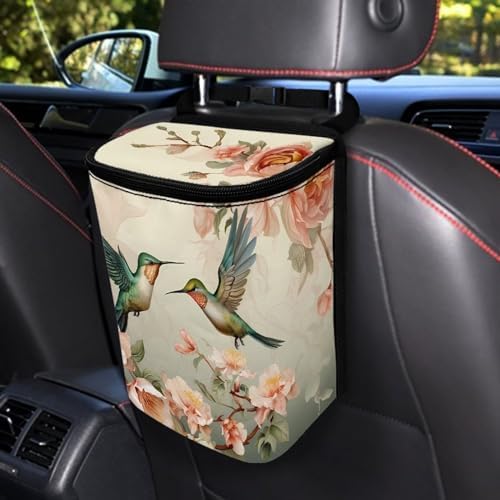 DISNIMO Hummingbird Rose Car Trash Can with Lid, Car Accessories Leak-Proof Waterproof Car Garbage Bin Collapsible Portable Car Storage Organizer Trash Bag for Car SUV Trucks