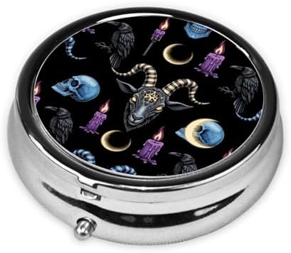 Travel Pill Case, Round Metal Organizer, Small Dispenser for Supplements, Pocket Purse Holder for Outdoor Adventures, Goth Raven Skull Goat