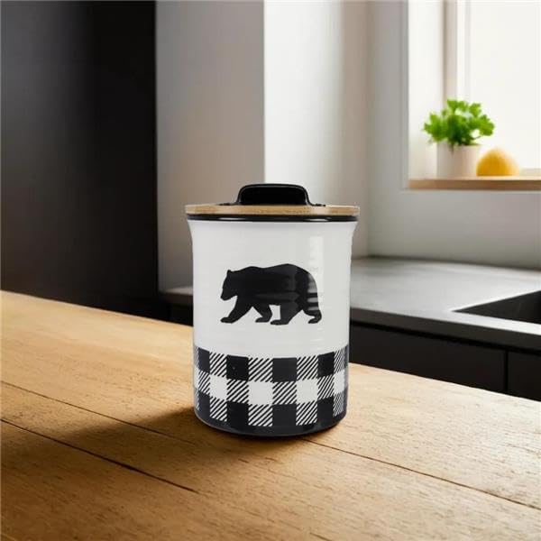 Young's Ceramic Treat Jar with Airtight Lid, Black and White Buffalo Plaid Bear Dog Treat Container, Decorative Cat Food Storage Canister