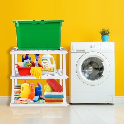 Oskar Heavy Duty Plastic Storage Shelves- for Garage, Kitchen, Bathroom Basement Kids Room, Stackable 3-Tier White, Organizer Rack for Books Shoes, Toys, Pantry, Cleaning and Closet Organization