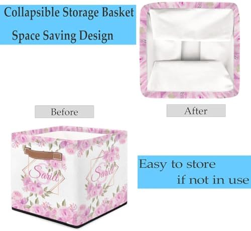 Personalized Storage Baskets for Organizing, Foldable Storage Bins with Handles Custom Cute Basket for Boys, Girls, Pet, Clothes, Blanket, Bedroom Nursery Toy Storage Gift,13 x13 x13 Inch, Flower Pink