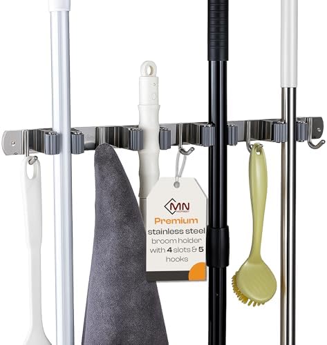 Stainless Steel Broom Holder Wall Mount, 4 Racks & 5 Hooks | Rust-resistant organizer for mops, brooms, tools and garden equipment, adjustable wall storage, silver
