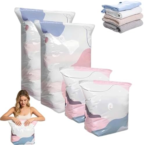 No Pump Vacuum Storage Bags, Press & Seal, No Pump Needed, 3D Compression Bags for Storage, for Clothes, Comforters, Blankets (M*2+L*2)