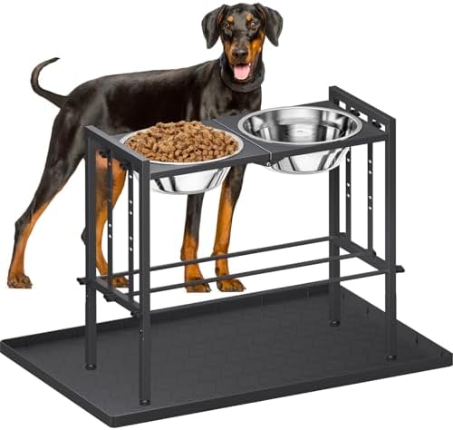 Pawtners Elevated Dog Bowl for Large Breed, Adjustable Feeder with Mat