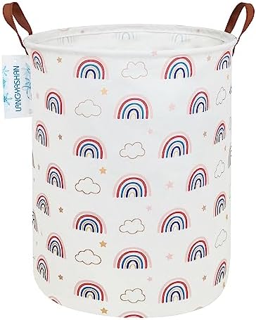 Round Laundry Basket Collapsible Storage Hamper Cloud Rainbow | Waterproof Canvas Foldable Baskets with sturdy Handles Multi-scene Organizer for Home Play Bedroom Gift Bin