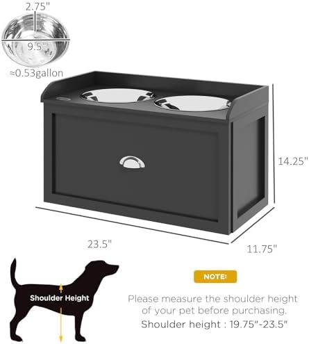 Dog Food Storage Cabinet with Elevated Bowls Black Pet Feeding Station Organizer