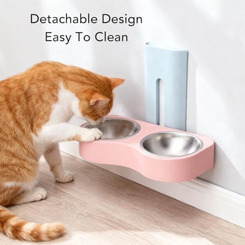 Wall Mounted Dog Bowls, Raised Cat Double Stainless Steel Bowl, Elevated Food and Water Bowls Kitten Feeding Dish Pet Feeder Station for Small Pets (Blue Pink)