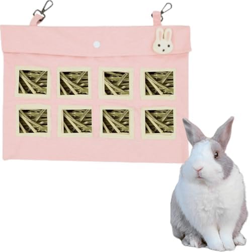 Rabbit Hay Feeder Bag with Cute Pendant, Storage Guinea Pig Feeder Rack Bag, Large Capacity Cotton Canvas Hanging Bag for Bunnies Chinchillas Guinea Pigs (Pink,XL)