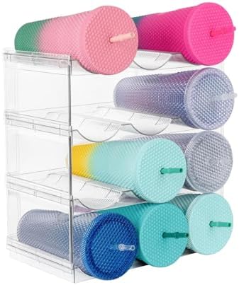 Stackable Water Bottle Organizer for Cabinet, Plastic Bottle Holder Designed for Starbucks Studded Tumblers up to 40oz, Plastic Cup Holder&Wine Rack for Pantry,Cupboard- 4 Layers Hold 12 Bottles