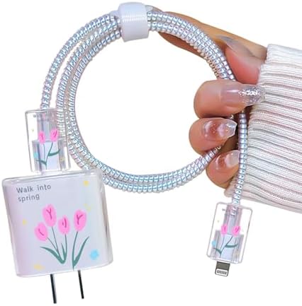 Cute DIY Cable Protector for iPhone Adapter Charger, Hot Pink Tulip Flowers Design, Soft TPU Clear Cord Wire Saver Data Line Cable Case Charger Protector for iPhone X 11 12 13 14 15 Pro Max