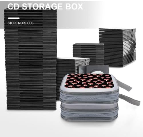 CD DVD Case Holder Red Mushroom Disc Wallet Storage Case 40 Capacity | DVD Organizer, Red Mushroom Christmas, Hand Strap Zipper Closure, Home Car Office Accessories