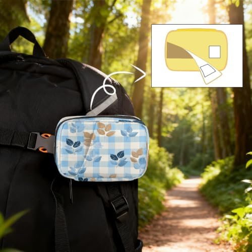 Travel Pill Organizer Blue Checkered Autumn Leaf Small Pill Case