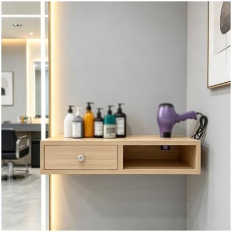 Hair Tool Organizer with Drawer, Wall Mounted Salon Stations for Hair Stylist, with 1 Hair Dryer Holders, Floating Makeup Vanity, Suitable for Multiple Scenarios(Beige,27.5x10.2x5.9in)