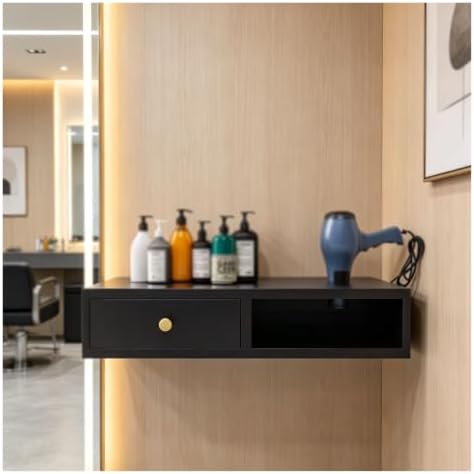 Hair Tool Organizer with Drawer, Wall Mounted Salon Stations for Hair Stylist, with 1 Hair Dryer Holders, Floating Makeup Vanity, Suitable for Multiple Scenarios(Black,27.5x10.2x5.9in)