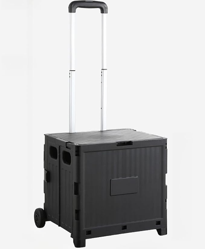 Collapsible Shopping Box Trolley on Wheels with Lid,75L Large Capacity Folding Portable Rolling Crate Handcart with Telescopic Handle for Camping (Black,Two Wheel Medium)