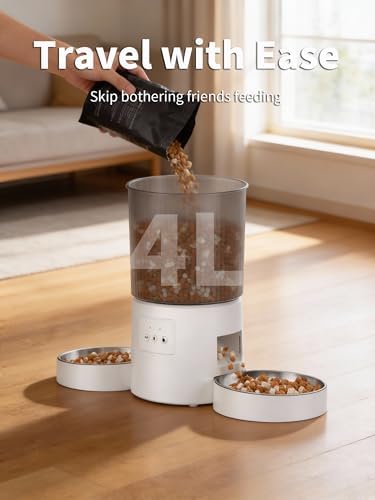 Automatic Cat Feeder, 2.4GHz WiFi Automatic Dog Food Dispenser, Fresh Protection, 4.5L Timer Feeder, Personalized Recording 10 Seconds, Easy to Clean, Stainless Steel Bowl (Double/White)
