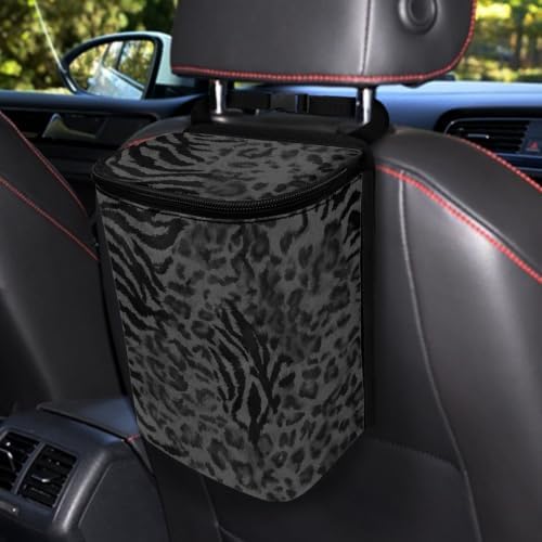 Black Leopard Car Trash Can, Waterproof Car Garbage Can with Lid and Zip Clouse, Leak Proof Portable Car Trash Bag Hanging Vehicle Organizer