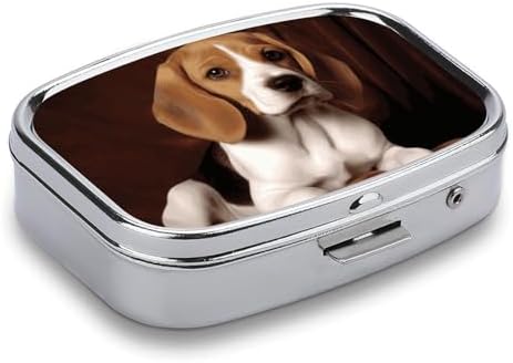 Metal Pill Box with Mirror - 2 Compartment Travel Pill Case for Purse Portable Pillbox Compact Vitamin Container Ovely Pet Dog Beagle Medicine Organizer for Fish Oil & Supplement