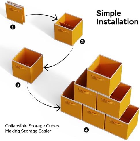 MAX Houser 6 Pack Foldable Fabric Storage Bins with Dual Handles, Yellow | 6 pack cloth storage bins with dual carry handles, Foldable Storage Cubes Organizer Baskets, ideal for home bedroom closet