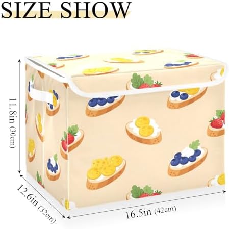 Storage Bins with Lids Fruit Topped Bread Pattern Foldable Storage Boxes with Handles Large Storage Basket Collapsible Organizer Containers for Closet Home Bedroom Office