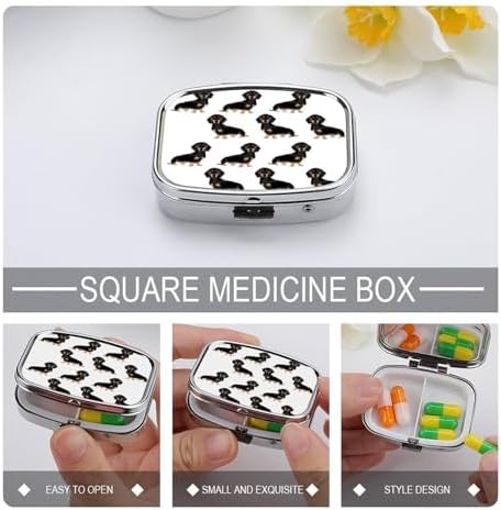 Dachshund Weiner Pet Dogs Pill Organizer with Mirror 2 Compartments Waterproof Pill Case for Purse Pocket Non-Slip Grip Travel Medicine Organizer Container Box for Vitamin Fish Oil Supplement
