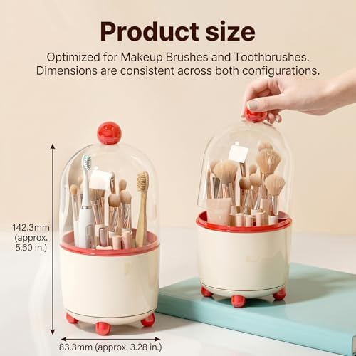 360°Rotating Toothbrush Holder with Cover, Dustproof Electric Toothbrush and Toothpaste Holder for Bathroom Countertop, 3 Slots Makeup Brush Organizer & Bathroom Storage (Red and White)
