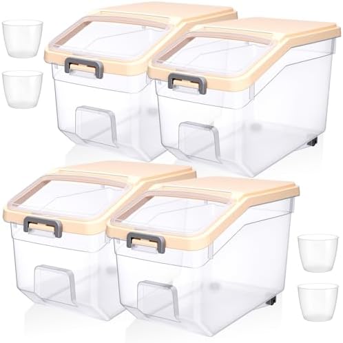 Sunnyray 4 Pcs Rice Storage Containers Bulk Flour Sugar Container Wheels Measuring Cups Set Airtight Pet Dog Cat Birds Food Bin Grain Cereal Organizer Box for Dry Baking(Beige,28 lb)