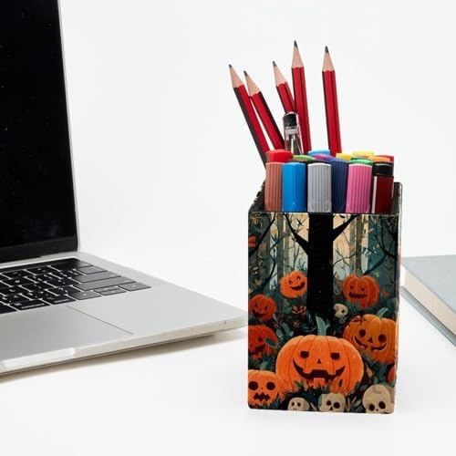 Halloween Pumpkin Pen Holder for Desk Decor, Rectangular PVC Leather Pencil Cup for Desk Pen Organizer, Makeup Brush Holder for School, Home, Office