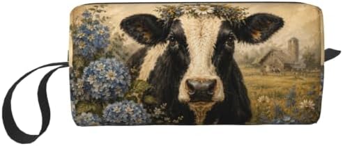 Black and White Cow with Hydrangeas Small Makeup Bag for Women | Double-Sided Farm Cow Hydrangea Cosmetic Organizer with Foam Padding for Women, Travel, Gym, School, and Daily Storage