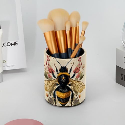 Faux Leather Pen Holder for Desk, Pencil Organizer Flower and Bee Pen Cup Desk Decor Makeup Brush Holder Storage for Office Home