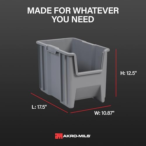 Akro-Mils Stak-N-Store Stackable Storage Bins, 17.5"x11"x12.5", Grey, 4-Pk