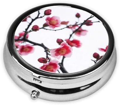 Cherry Japanese Cherry Blossom Printed Pill Organizer,Round Travel Pill Organizer Mini Medicine Pill Box for Purse Iron Plating