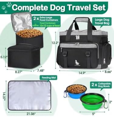 Premium Large Dog Travel Bag Weekend Pet Supplies Organizer Kit with 2 Extra Large Food Containers 2 Collapsible Bowls 1 Feeding Mat Multi Pocket (Black)