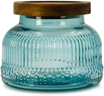 Decorative Blue Ribbed Glass Jar with Airtight Wooden Lid, 25.4 fl. oz | Wide mouth vintage storage canister, kitchen pantry bathroom organization, coffee sugar tea cookie candy candle vase gift
