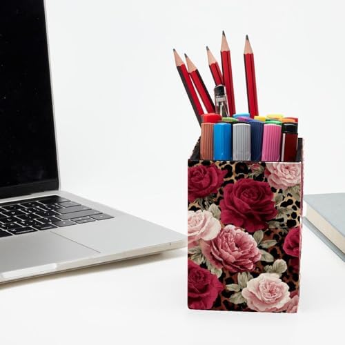 Leopard Print and Roses Pen Holder for Desk Decor, Rectangular PVC Leather Pencil Cup for Desk Pen Organizer, Makeup Brush Holder for School, Home, Office