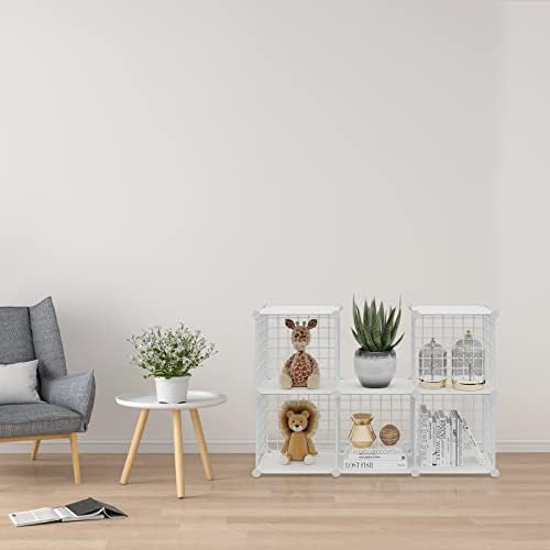 HUBSON Wire Cube Storage Organizer, Book/Toy/Craft/Potted Plants and petCloset Organizers and Storage Shelves, 6-Cube Freely Combinable Metal Grids Storage Shelf,White Plus Iron