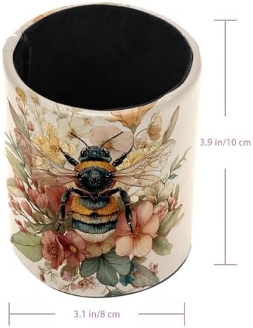 Faux Leather Pen Holder for Desk, Pencil Organizer Bee Pen Cup Desk Decor Makeup Brush Holder Storage for Office Home