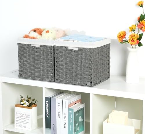 Bidtakay Wicker Baskets for Shelves Waterproof Imitation Wicker Cube Storage Bins with Liners for Organizing Closet Cabinet 11x11 inch Storage Cube Organizer for Pantry-Dark Grey 2-Pack